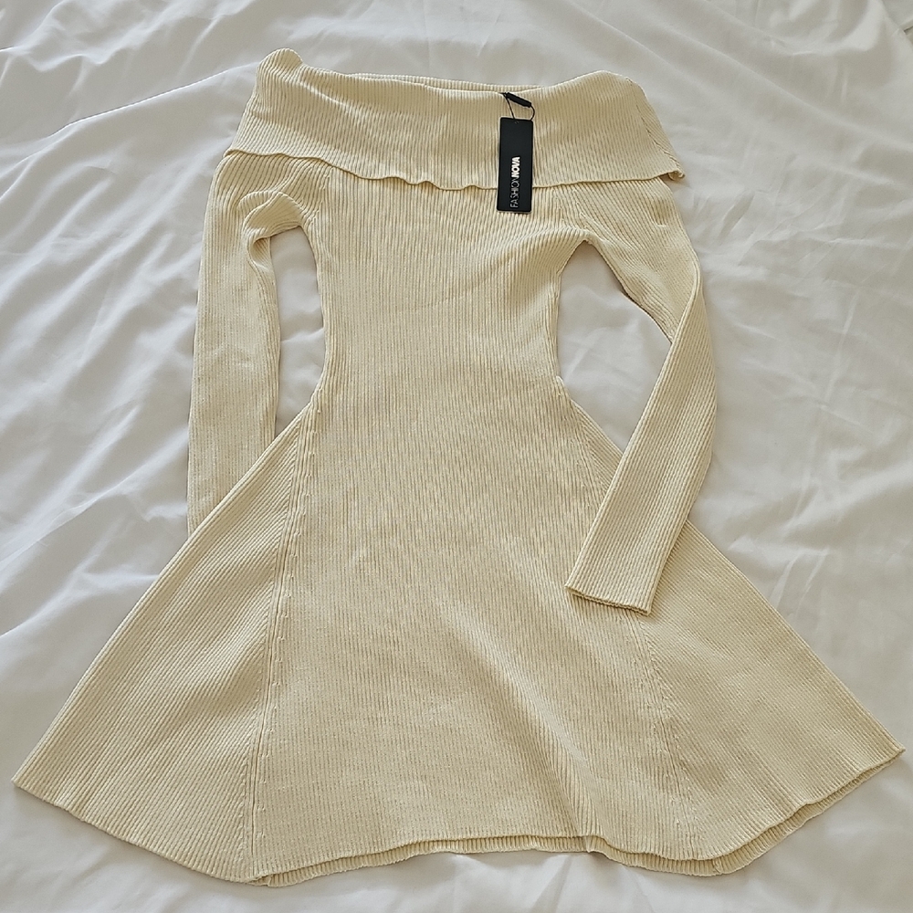 Fashion Nova Cream Off-Shoulder Ribbed Mini Dress